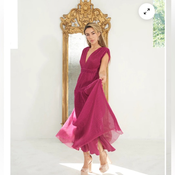 NWT $328 KARINA GRIMALDI Revolve Mernet Hot Pink Magenta Maxi Shoulder Pad Dress - Picture 2 of 13